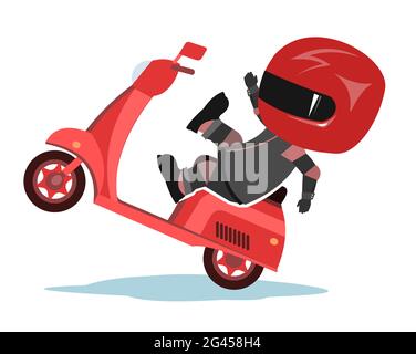 Motorroller-Fahrer. Biker-Cartoon. Abbildung für Kinder. Unfall. In einer Sportuniform und einem roten Helm. Cooler Motorradfahrer. Isoliert auf weißem Hintergrund Stock Vektor