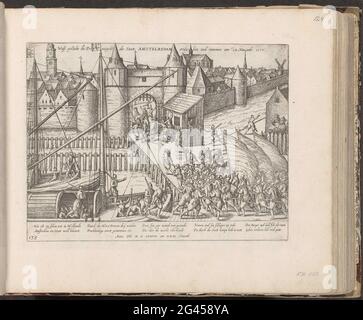 Attentat auf Amsterdam, 1577; WAß gestitites the principal [n] who taken statt Amstelredam Zwischen und am 23. November. 1577; Serie 8: Niederländische Veranstaltungen, 1577-1583. Versuch der Staatsarmee unter dem Kommando von Slope und Ruychaver, Amsterdam am 23. November 1577 zu übernehmen. Soldaten stiegen aus Schiffen am Haarlemmerpoort aus. Mit einer Bildunterschrift von 12 Zeilen auf Deutsch. Links unter der Nummer: 138. Der Druck ist Teil eines Albums. Stockfoto