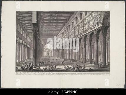 Das Innere des Heiligen Paulus vor den Mauern Roms; Spaccato Interno della Basilica Di S. Paolo Fuori delle Mura (...); Gesichter auf Rom; Vedute di Roma Disegnate Ed Incise da Giambattista Piranesi Architetto ve (Nez) Iano. Blick auf das Schiff des hl. Paulus vor den Mauern in Rom. Titel und Bildunterschrift in italienischer Sprache im Unterholz. Stockfoto