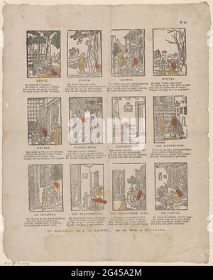 Verschiedene Szenen. Blatt mit 12 Aufführungen unterschiedlicher Natur, darunter Darstellungen der vier Jahreszeiten und Darstellungen eines Schaukelpferdes und zweier rauschender Kinder. Unter jedem Bild ein Titel und ein vierzeiliger Vers. Rechts oben nummeriert: N 10. Stockfoto