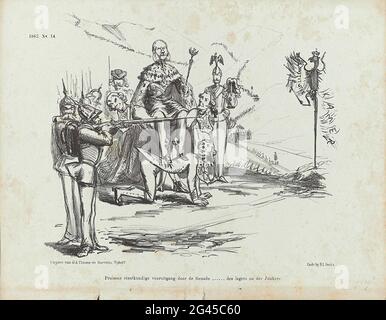 Karikatur auf den deutschen Kaiser Wilhelm I., 1862; preußischer politischer Fortschritt durch Gnade (...) der Armeen und der junker. Karikatur auf den deutschen Kaiser Wilhelm I., der die Schützen zum Adler der Verfassung erhebt. Teller erschien auf dem Weekblad De Nederlandsche Spectator, nein 14, 5. April 1862. Stockfoto