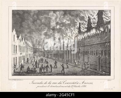 Feuer in der Kloosterstraat, 1830; Incentidie de la Rue du Convent à Anvers, Anhänger Le Bombardement du 27 Octobre 1830; neunzehn Aufzeichnungen über die Kämpfe in Antwerpen, 26-27. Oktober 1830. Feuer in der Kloosterstraat während des Bombenanschlags auf Antwerpen am 27. Oktober 1830. Teil einer Serie von neunzehn Aufzeichnungen über die Kämpfe in Antwerpen, 26-27. Oktober 1830. Stockfoto