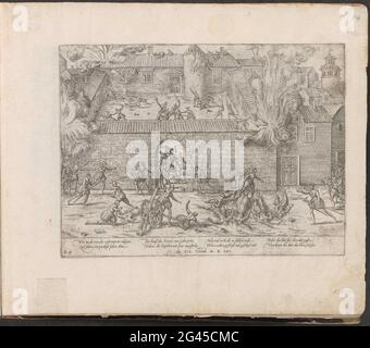 Mord an den Protestanten in Cahors, 1561; Serie 3: Französische Religionskriege, 1559-1573. Mord an den Protestanten in Cahors, 19. November 1561. Das Haus, in dem ein Treffen stattfindet, wird gefeuert und die fliehenden protestanten werden getötet. Mit einer Bildunterschrift von 8 Regeln in deutscher Sprache. Links unten nummeriert: 24. Der Druck ist Teil eines Albums. Stockfoto