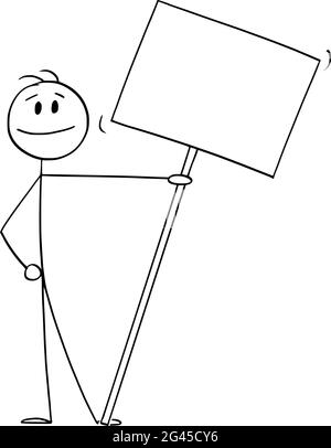 Lächelnde Person auf Demonstration oder Manifestation mit großem leeren Schild, Banner oder Plakat, Vektor Cartoon Stick Figur Illustration Stock Vektor