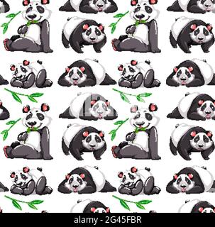 Nahtloses Muster mit Panda in vielen Posen auf weißem Hintergrund Illustration Stock Vektor