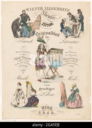 Fünf Szenen aus Kunst und Kultur; Titelseite zu: Wiener Allgemeine Theater-Zeitung, 1843. Fünf Szenen auf einem Blatt: Eine Malerin hinter einem Tuch auf einer Staffelei, im Gespräch mit zwei Männern; drei Männer beim Lesen der Zeitung, einer mit langer Pfeife; EIN Mann in historischer Kleidung mit einem Schauschrank auf einem Standbild; Eine Frau mit Harfe und eine Sängerin mit Noten; EINE Frau vor einem Spiegel. Stockfoto