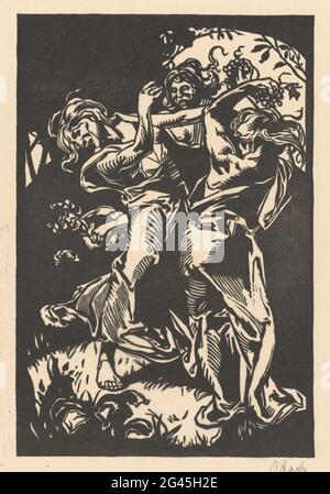 Tanzende Frauen mit Traubenrosen und Sater; Kämpfe. Drei Frauen, die in Roben gekleidet sind und im Kreis tanzen. Zwei von ihnen halten ein Traubenfutter. Die andere macht einen Ruck mit ihrem Kopf. Im Hintergrund eine Sater. Stockfoto