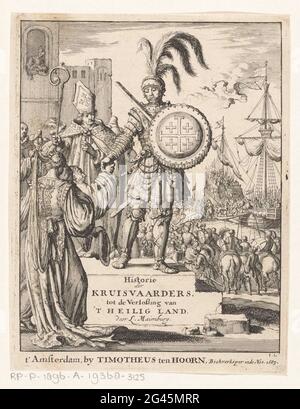 Ritter mit Jerusalemer Wappen; Titelseite für: Louis Maimbourg, Geschichte der Kreuzritter, bis zur Erlösung des Heiligen Landes, 1683. Ein hoch porträtierte Ritter steht mit dem Wappen Jerusalems auf einer Zunahme. Er schüttelt die Hand eines Mannes und einer Frau, beide in eine reiche Robe gehüllt. Hinter dem Ritter steht ein Bischof, im Hintergrund die Einschiffung einer Armee. Stockfoto