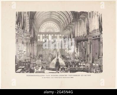 Ausstellung der niederländischen Industrie und Kunst im Palast für Volksvlijt in Amsterdam 1866. Blick im Inneren des Volkspalastes während der allgemeinen Ausstellung der niederländischen Industrie und Kunst in Amsterdam, Juni-Oktober 1866. Möglich der Moment der Eröffnung am 21. Juni. Von Prinz Frederik oder bei einem Besuch von Königin Sophia; EINE große Gesellschaft hat sich hinter dem zentralen Brunnen versammelt, rechts eine Frau gegenüber einer würde. Stockfoto