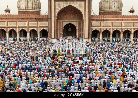 Tausende muslimische Männer bieten Eid-ul-fitr namaz im Masjid-i Jehan-Numa oder im Jama Masjid von Delhi an. Es ist eine der größten Moscheen in Indien, Stockfoto