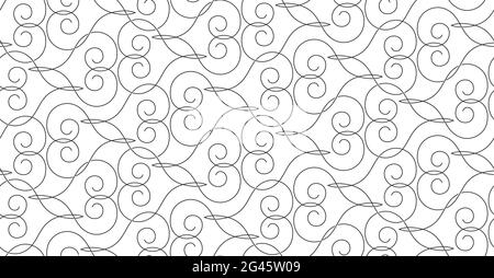 Vektor nahtloses Muster von ineinander verflochenden schwarzen Linien in Form von Schleifen von Herzen und Spiralen auf weiß isoliert.minimalistisches Muster.Einfache Textur Stock Vektor