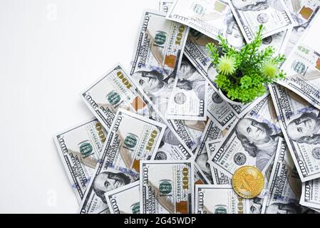 Eine symbolische Münzen von bitcoin auf Banknoten von einhundert Dollar. Exchange Bitcoin Bargeld für einen Dollar. Stockfoto