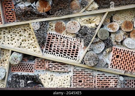 Ein Insektenhotel kann leicht aus einer Vielzahl gemacht werden Von Materialien und ist sehr gut bei der Beobachtung der Insekten Stockfoto