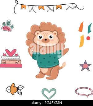 Vector illustration of an animal surrounded by gifts and birthday symbols on an isolated background. Vector illustration Stock Vektor