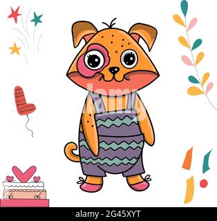 Vektordarstellung eines Tieres, umgeben von Geschenken und Geburtstagssymbolen auf einem isolierten Hintergrund. Vektorgrafik Stock Vektor