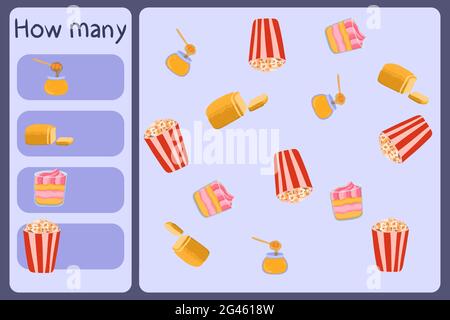 Kids Mathematical Mini game - zählen Sie, wie viele Lebensmittel - Honig, Brot, Dessert, Popcorn. Pädagogische Spiele für Kinder. Cartoon Design Vorlage auf bunten Hintergrund. Vektorgrafik. Stock Vektor