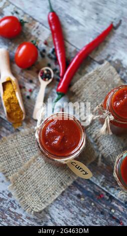 Gläser mit hausgemachter Sauce. Kochen zu Hause. Sauce Aus Einem Stück. Vegane Küche. Stockfoto