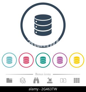Flache Farbsymbole einer Datenbank in runden Umrissen. 6 Bonus-Symbole enthalten. Stock Vektor