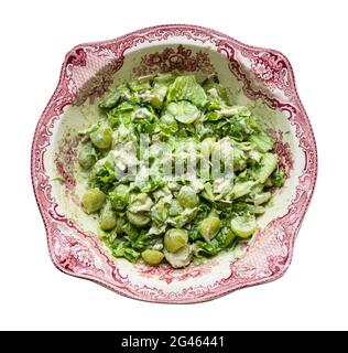 Draufsicht auf Salat mit Trauben, Estragon und Huhn in Zierschüssel Ausschnitt auf weißem Hintergrund Stockfoto
