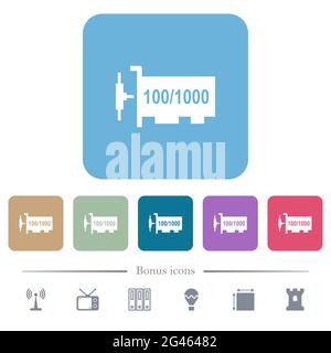 Weiße flache Symbole auf abgerundeten quadratischen Hintergründen des Gigabit ethernet-Netzwerk-Controllers. 6 Bonus-Symbole enthalten Stock Vektor