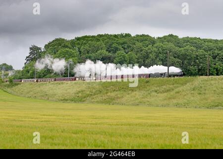 Lincolnshire, Großbritannien. Juni 2021. 19-6-2021 Little Bytham, Lincolnshire, England. Dampflokomotive No.60103 Flying Scotsman fährt auf ihrer Reise zwischen London Kings Cross und York durch die Landschaft von Lincolnshire. Quelle: Tim Scrivener/Alamy Live News Stockfoto