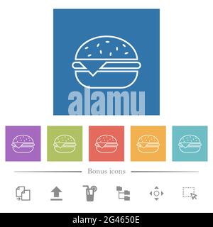 Flache weiße Symbole mit einem Cheeseburger auf quadratischem Hintergrund. 6 Bonus-Symbole enthalten. Stock Vektor