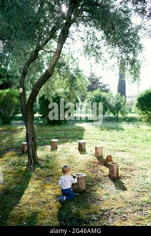 Baby sitzt auf den Knien im Garten neben den Baumstümpfen Stockfoto