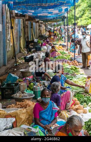 PONDICHERRY, INDIEN - Juni 2021: Obst- und Gemüsemarkt während der Blockierung durch Corona. Stockfoto