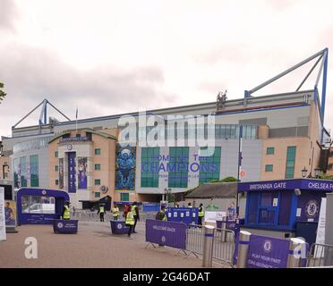 Stamford Bridge, Fulham, London, Großbritannien. 19. Juni 2021. Die Heimat der Champions League 2021 - Chelsea Football Club. Kredit: Motofoto/Alamy Live Nachrichten Stockfoto