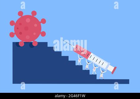 Konzeptionelle Illustration eines Experten, der eine große Spritze mit Covid-19-Impfstoff trägt, um die Impfung erfolgreich zu machen Stock Vektor