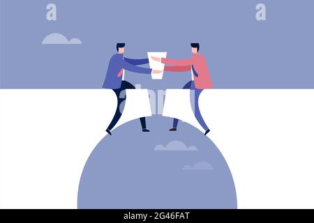 Konzeptionelle Illustration von zwei Geschäftsleuten, die mit gegenseitiger Zusammenarbeit eine Brücke schlagen Stock Vektor