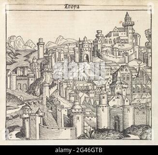 Ansicht von Troje; Troya; Liber chronicarum. Ein Fantasy-Gesicht auf einer Stadt. Wird hier als Darstellung von Troje verwendet. Der Druck ist Teil eines Albums. Stockfoto