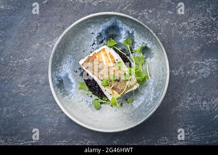 Traditionelles, gebratenes Kabeljaufischfilet in modernem Stil mit portulaca-Salat Stockfoto