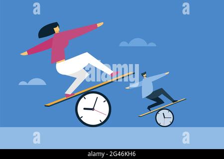 Konzeptuelle Illustration von Menschen, die sich durch einen ausgeglichenen Spaziergang auf einer Uhr vorwärts bewegen Stock Vektor