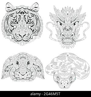 Kopf von Tiger-, Drachen-, Kaninchen- und Schlangenköpfen. Zentangle gestylt für T-Shirt-Design, Tattoo und andere Dekorationen Stock Vektor