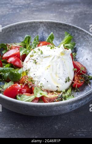 Moderner italienischer Apulien Burrata Kuhmilchkäse aus Mozzarella und Rahm, serviert mit Tomaten- und Maissalat aus nächster Nähe Stockfoto