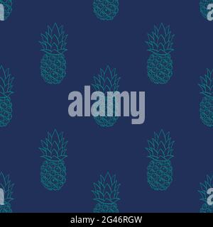 Ananas-Nahtloses Muster. Niedliches Stoffdesign mit handgezeichneten Kritzeleien auf dunkelblauem Hintergrund. Vektorgrafik. Stock Vektor