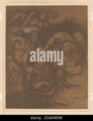 Fünf Meerjungfrauen; fantastische Komposition mit Meerjungfrauen. Eine Gruppe von fünf Meerjungfrauen steht unter Wasser. Links im Vordergrund zwei Wasserpflanzen. Stockfoto