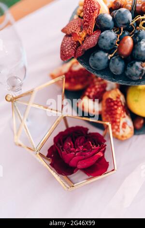 Die Rose in der Schachtel, die Schachtel für die Ringe, auf dem Tisch mit whatnot mit den Trauben und den Granatäpfeln bei der Hochzeit. Stockfoto