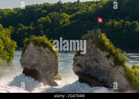 Schweizer Flagge auf einem Felsen mitten am rhein fällt bei Schaffhausen in der Schweiz 28.5.2021 Stockfoto