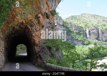 Felsentunnel, Schluchten des Tarn und Jonte und die Grands Causses, die Top-Stätte von Okzitanien, werden bald zum Grand Site von Frankreich erklärt. Das Dorf St Chely du tarn liegt oberhalb des Flusses in einer spektakulären Lage Stockfoto