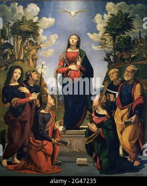 Piero DI Cosimo - die Menschwerdung Jesu und die Heiligen Philip Benizi Johannes die Evangelistin Katharina von Alexandria Margaret Peter und Antoninus Pierozzi Stockfoto