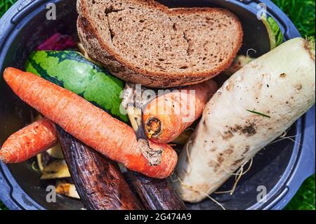 Blick in eine bio-Container mit verschiedenen organischen Abfälle zur Verwertung. Stockfoto