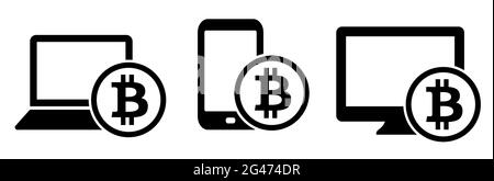 Bitcoin-Münze mit Notebook-Smartphone und Computer-Gerätesymbolen Vektor-Illustration Icon-Set Stock Vektor