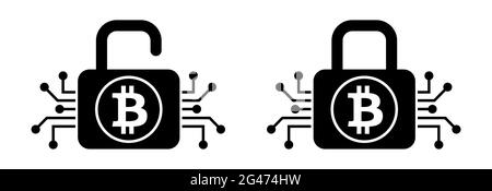 Bitcoin-Sicherheitsschloss offene und geschlossene Kryptowährung für digitale Sicherheitsverschlüsselung Kryptowährung Vektordarstellung Symbole Stock Vektor