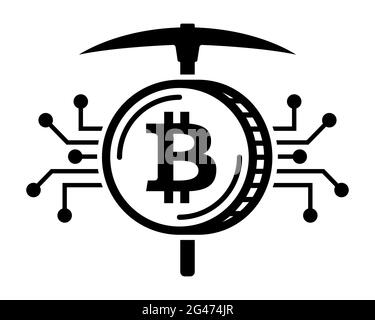 Krypto-Mining-Bitcoin-Schaltung und Pickaxe-Symbol für Kryptowährung Blockchain Miner Vektor-Illustration-Symbol Stock Vektor