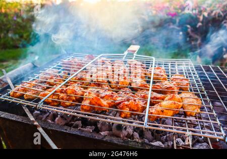 Kochen Hähnchenspieße auf dem Grill im Garten bei Sonnenuntergang Stockfoto