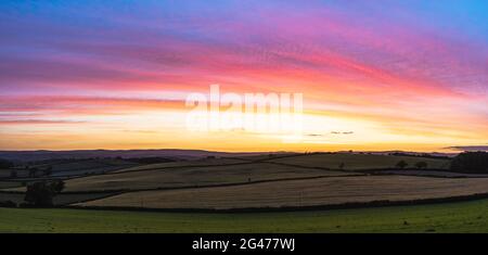 Sonnenuntergang über Feldern im Berry Pomeroy Village, Devon, England, Europa Stockfoto