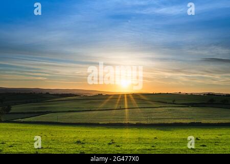 Sonnenuntergang über Feldern im Berry Pomeroy Village, Devon, England, Europa Stockfoto