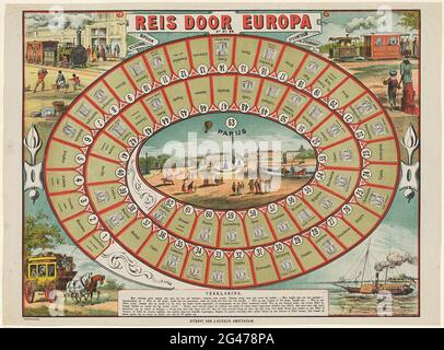 Reisen Sie durch Europa / per / Track / Diligence / Dampfstraßenbahn / und Dampfschiff. Brettspiel mit Boxen nummeriert von 1 bis 63, zu Fuß in einer Spirale. In den Boxen von Gebäuden aus verschiedenen europäischen Städten, mit der Anzahl der Bewohner in einigen Fällen unten. Im Mittelfeld ein Blick auf Paris (Place de la Concorde). In den vier Ecken des Spiels ein Dampfzug, ein Diligence oder Reise Joint, ein Dampfschiff und eine Dampfbahn. In der Mitte der Spielregeln im Buchdruck, in der Mitte über dem Titel auf einer Banderole. Stockfoto